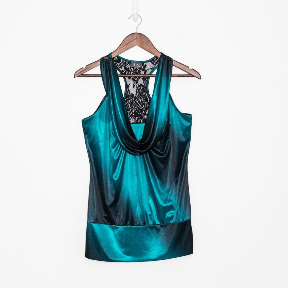 Y2K Satin Cowl Neck Halter Top Women S Teal Lace Back Clubwear Fairycore